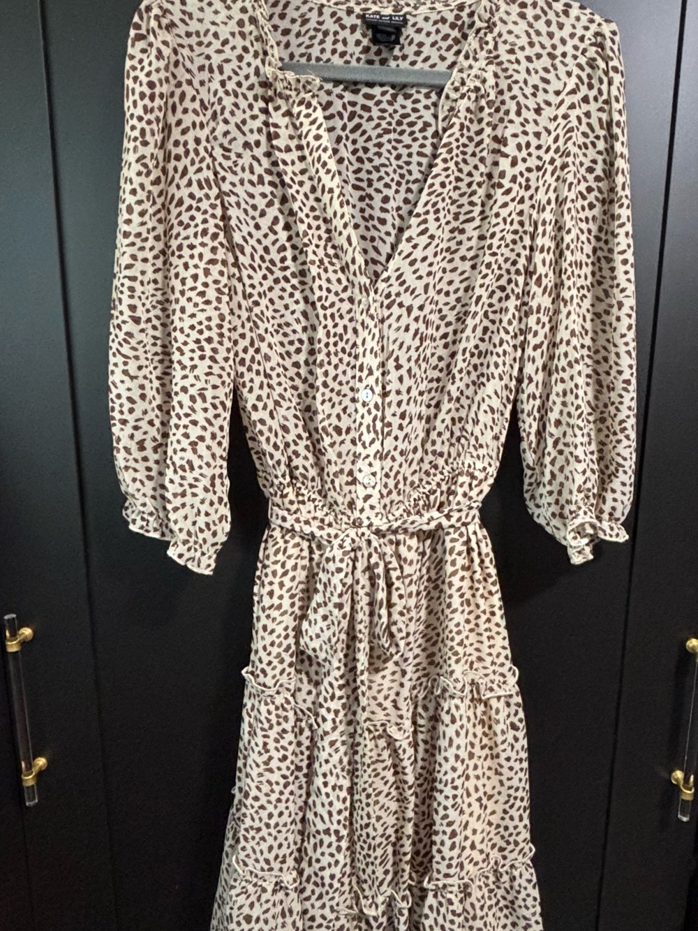 Tie-Waist Beige and Brown Printed Midi Dress
